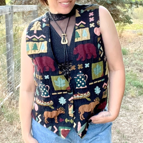 Vintage Embroidered Tapestry Outdoor Camping Alaska Festival Vest - Picture 5 of 6